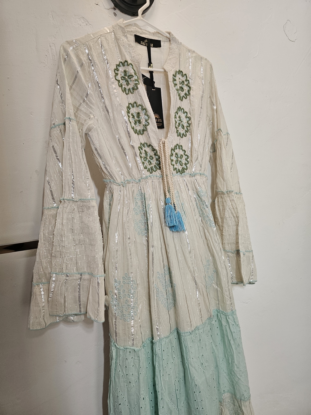 Boho Embroidered Long Sleeve Maxi Dress - Pale Aqua & Cream